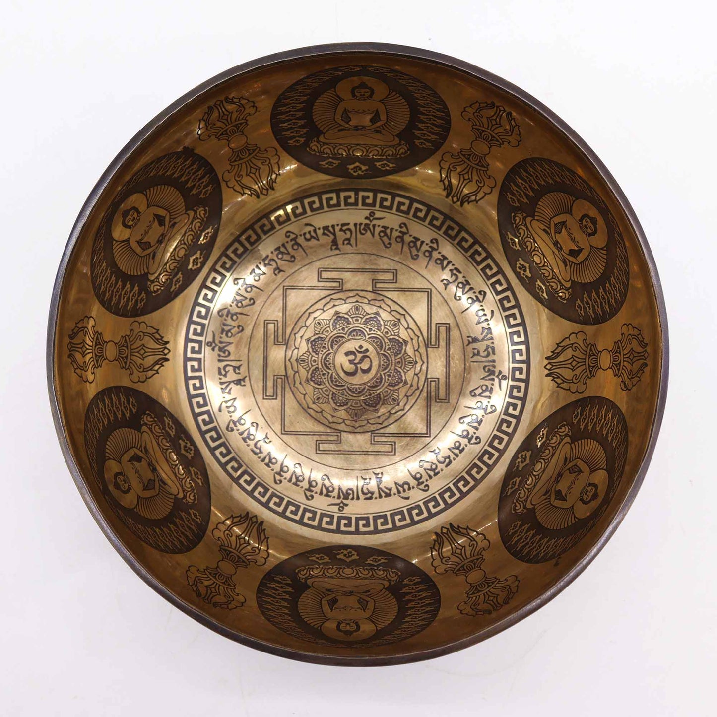 Low stock. Tibetan Healing Engraved Bowl - 21cm - Om & Buddha