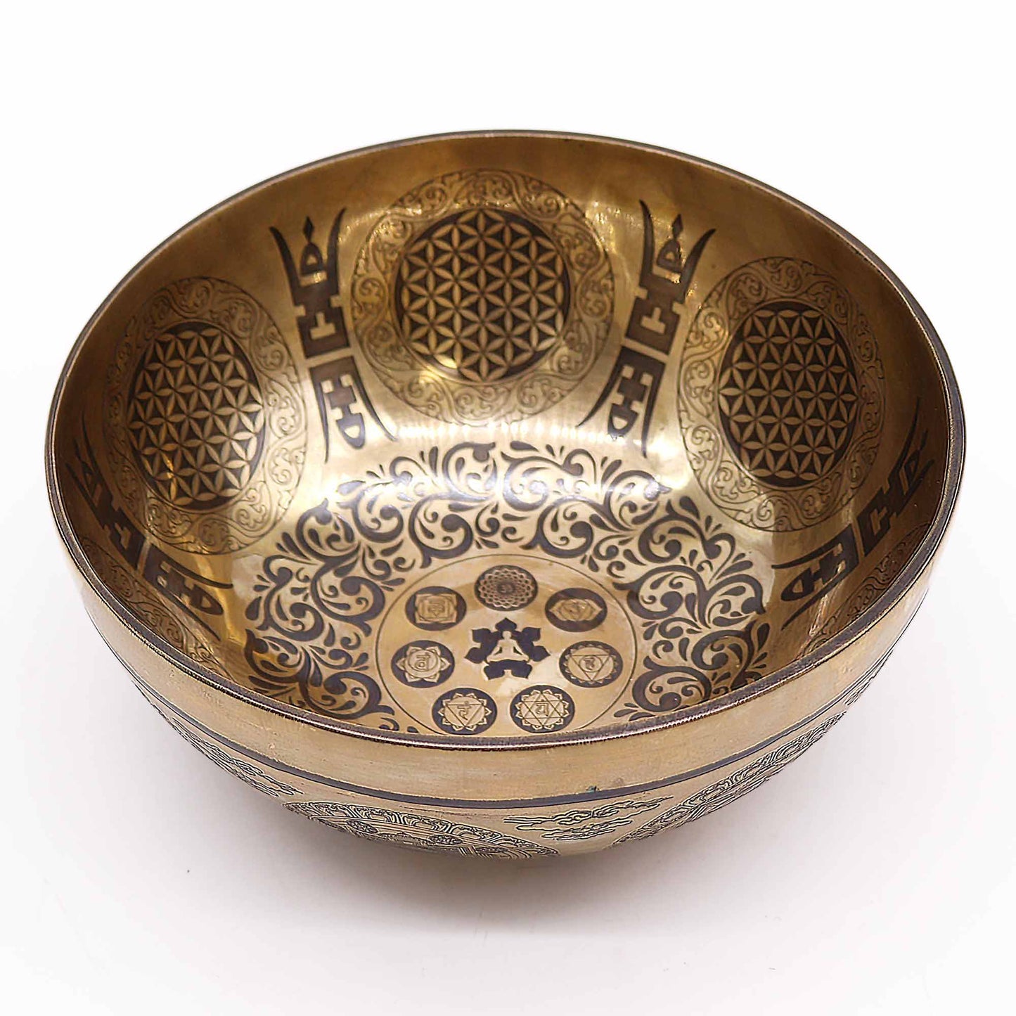 Low Stock. Tibetan Healing Engraved Bowl - 21cm - 7 Chakra & Flower of Life