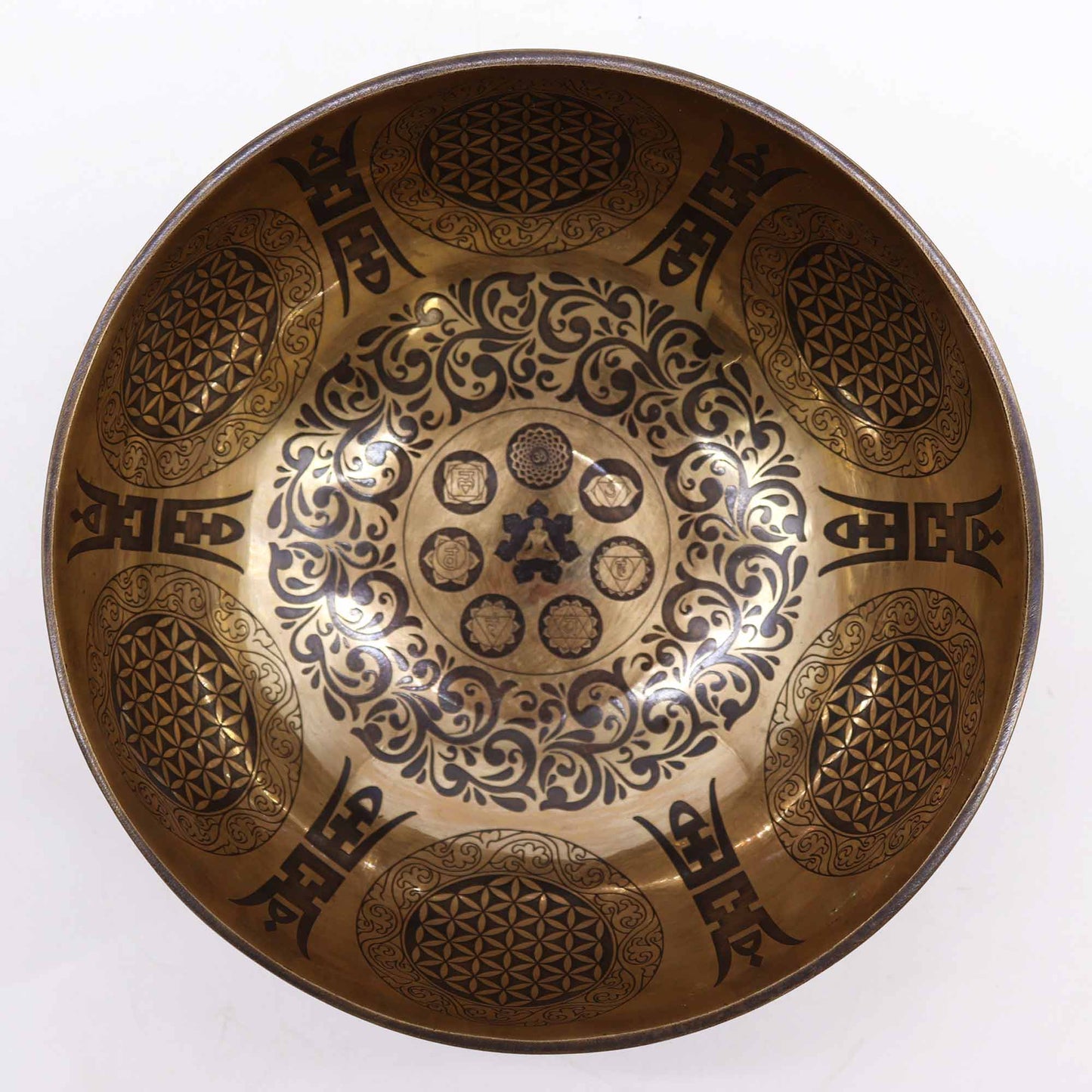 Low Stock. Tibetan Healing Engraved Bowl - 21cm - 7 Chakra & Flower of Life