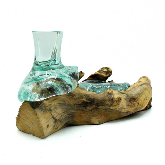 Molten Glass Small Flower Vase and Tealight Holder on Wood. Product code: MGW-35