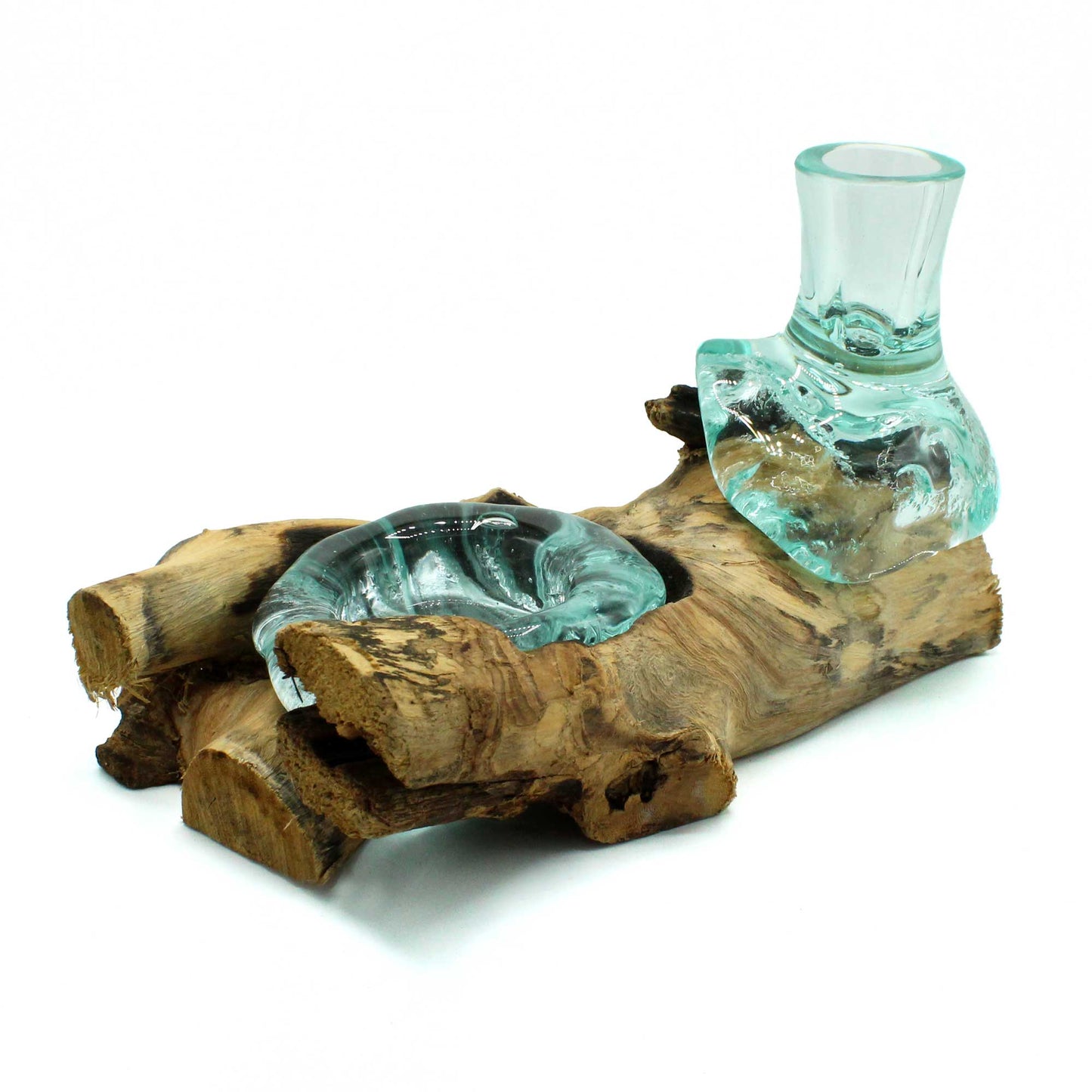 Molten Glass Small Flower Vase and Tealight Holder on Wood. Product code: MGW-35