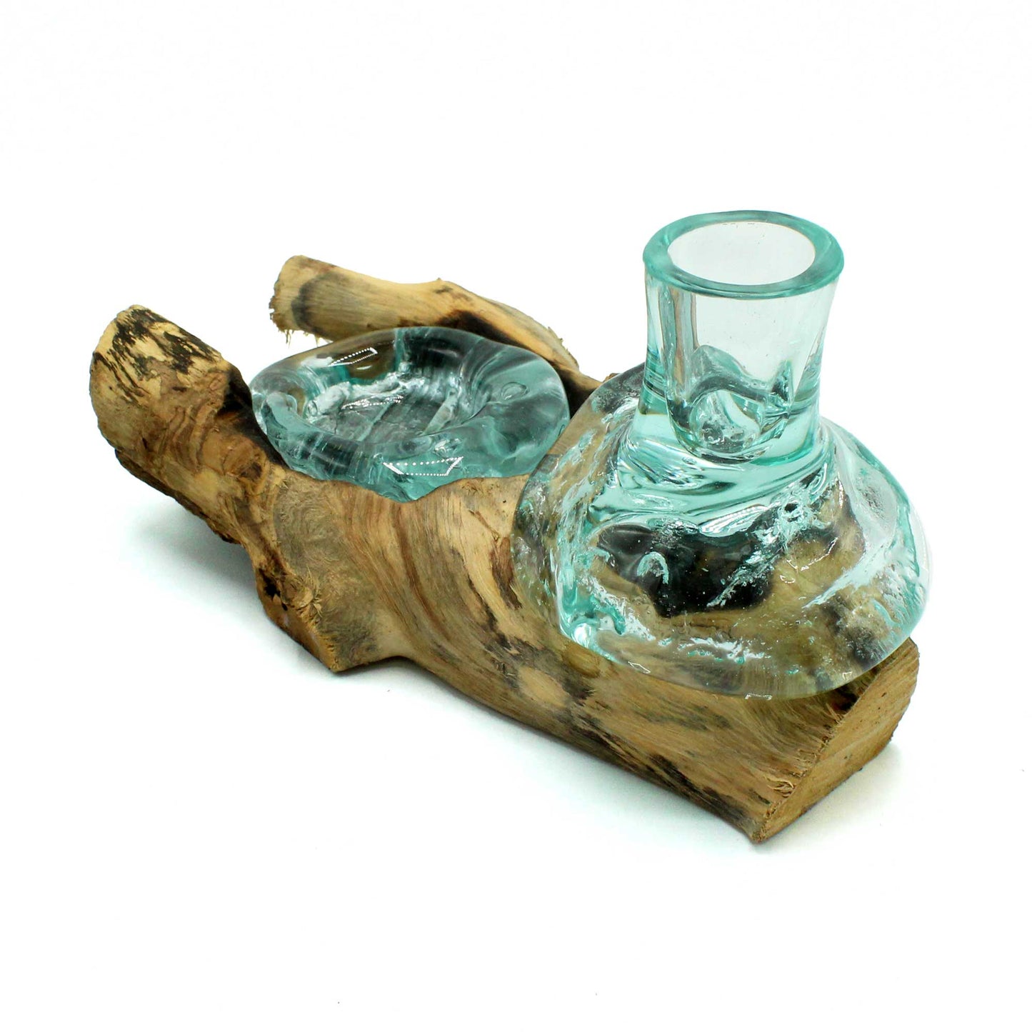 Molten Glass Small Flower Vase and Tealight Holder on Wood. Product code: MGW-35