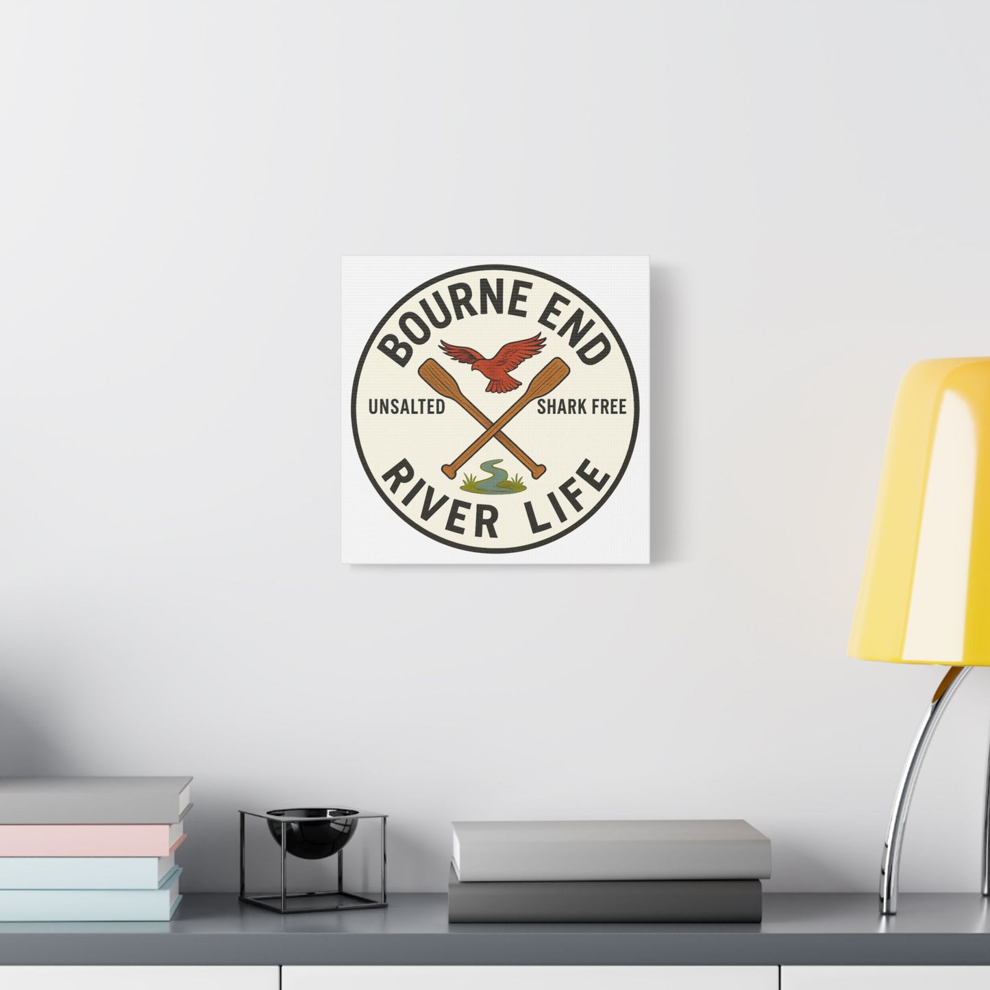 Satin Canvas Wall Art - Bourne End River Life with Paddles & Bird Design