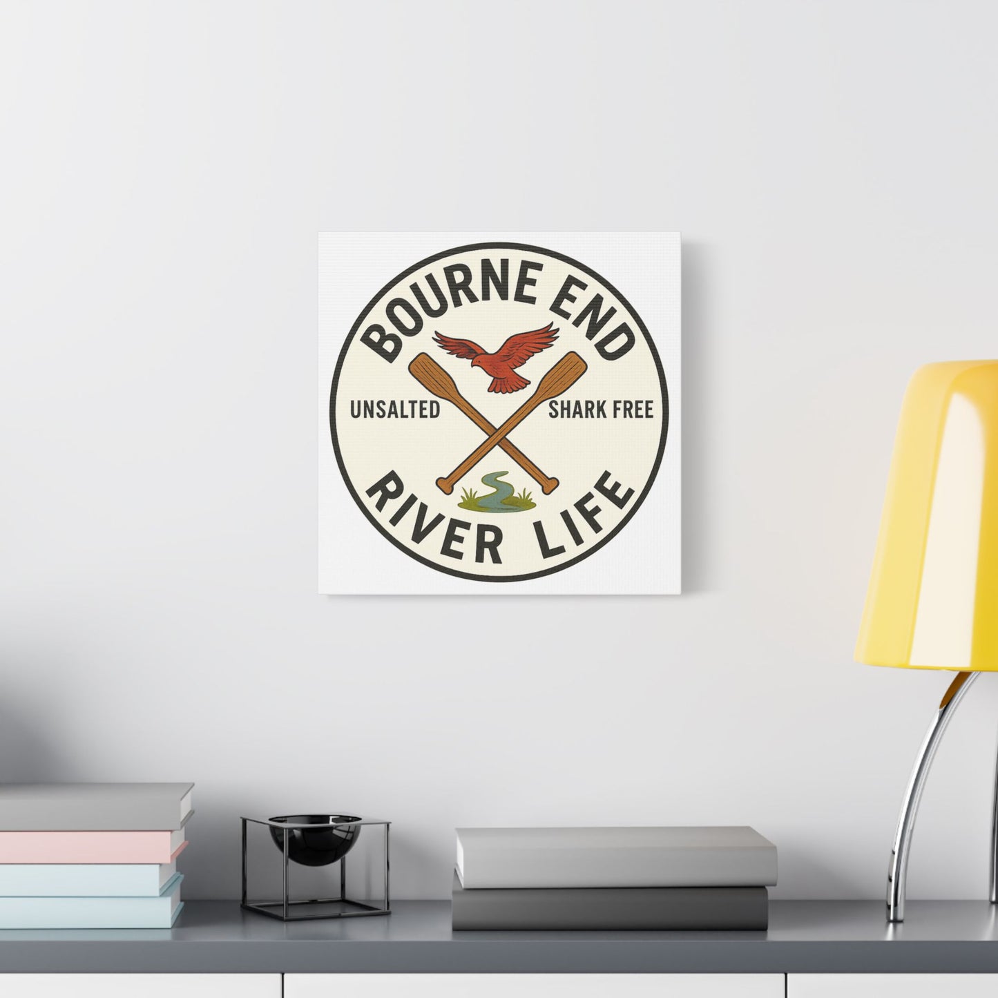Satin Canvas Wall Art - Bourne End River Life with Paddles & Bird Design