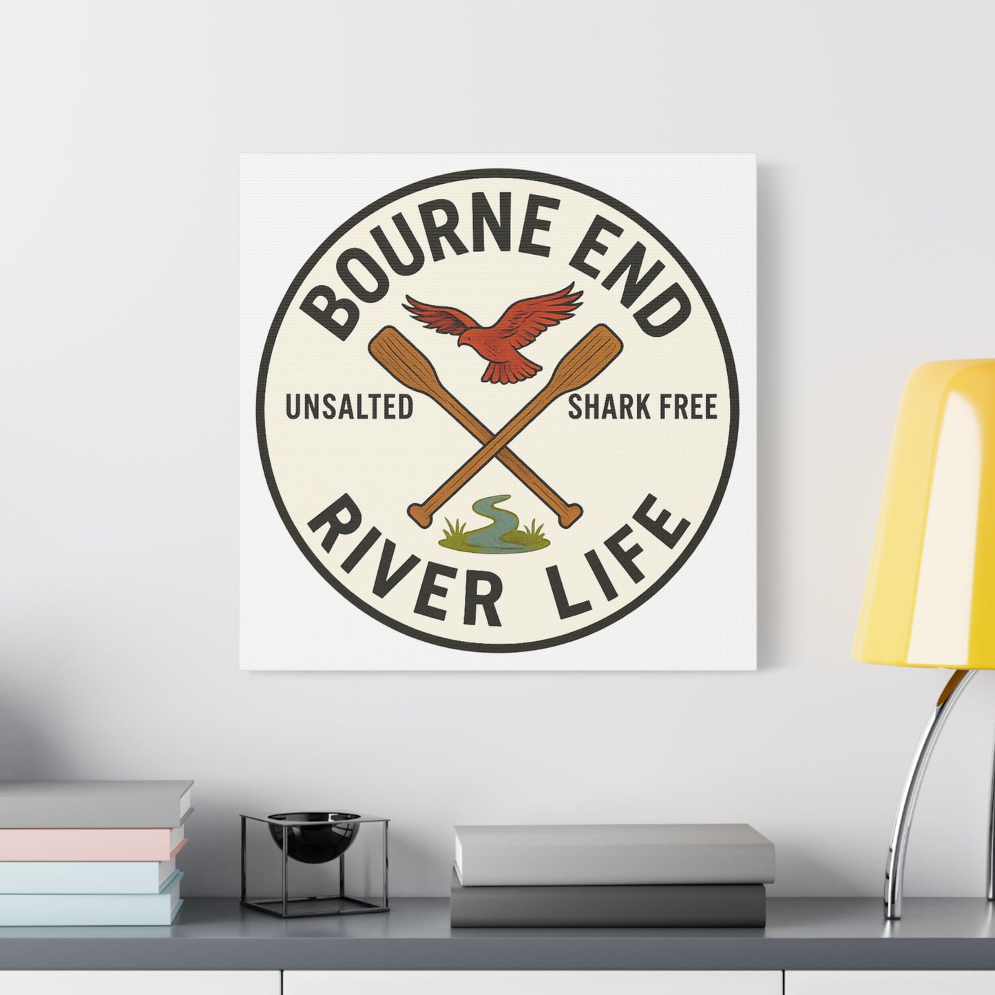 Satin Canvas Wall Art - Bourne End River Life with Paddles & Bird Design