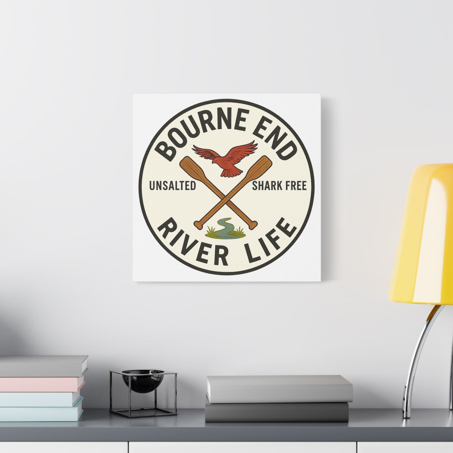 Satin Canvas Wall Art - Bourne End River Life with Paddles & Bird Design
